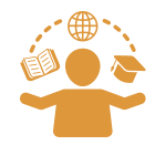 An image of a figure with a book, the world, and a graduation cap overhead illustrating the opportunity to learn in several ways.